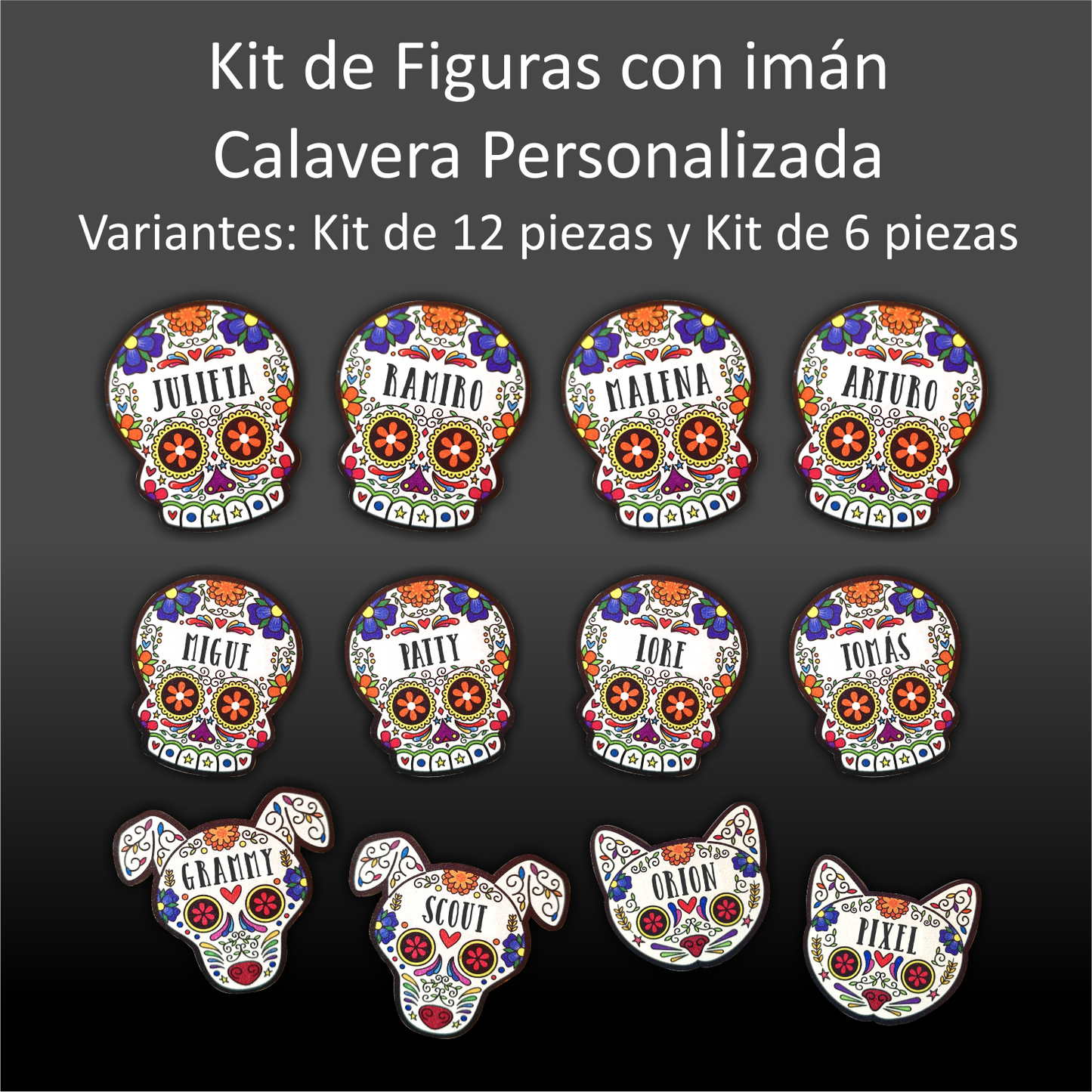 Juego de Figuras de Calavera de azúcar, personalizadas con Nombre