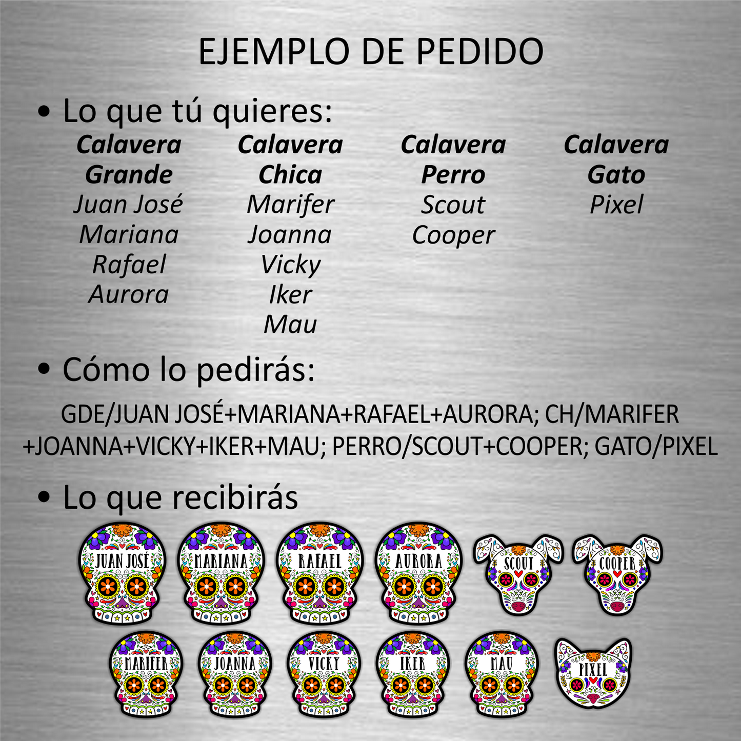 Juego de Figuras de Calavera de azúcar, personalizadas con Nombre